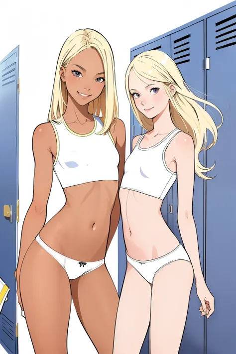 (super flat, flat shading, flat color:1.1), locker room, 2 girls, young teen, high school girl, slim, small breasts, blonde hair...