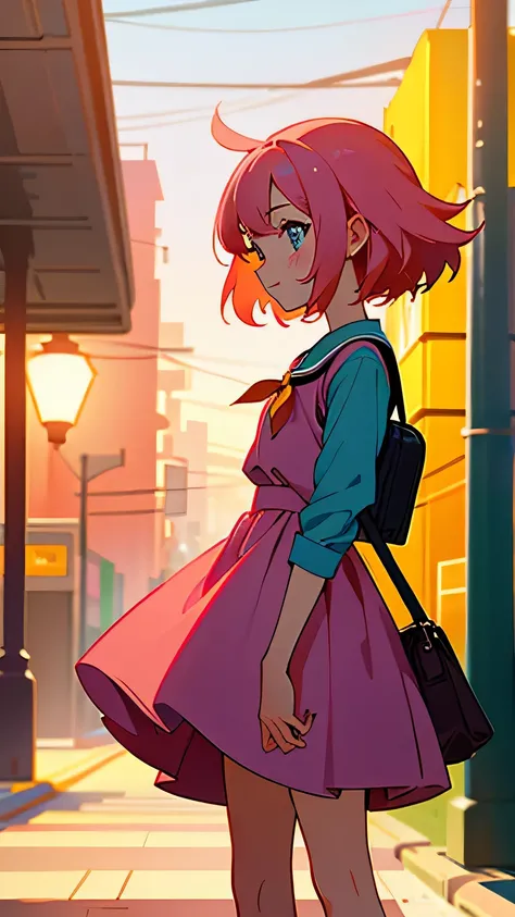 In 2024, Simple design with delightful cartoon elements，Create an engaging poster for your topic.

One with fluffy pink hair、Girl wearing cute sundress. She stood beside a quiet street, She looked shy as she turned away from the crowd. a small bubble，There...