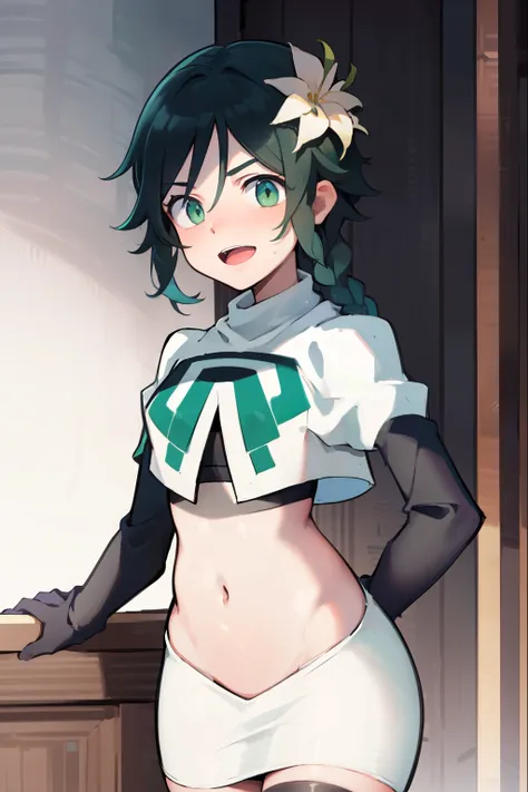 absurdres,venti,1boy, male focus, trap,black hair, green-blue hair, hair braid,hair flower,aqua green eyes,crossdressing,1boy,team rocket,team rocket uniform,white skirt,red letter R,crop top,black thigh-highs,black elbow gloves, laughing,happy, blush