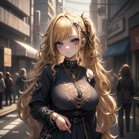 ((best quality)), ((masterpiece)), (detailed), une fille, visage parfait, cheveux longs, ((golden hair)), curly hair, decorated cheveux, yeux bleus ultramarin, ((huge-breast)), ((casual wear punks, casual wear)), casual wear déchirés