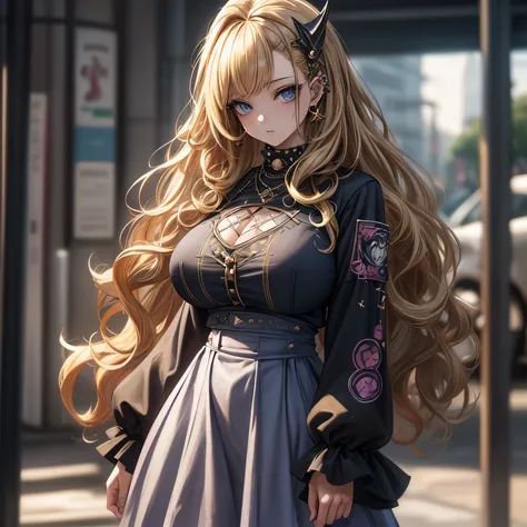 ((best quality)), ((masterpiece)), (detailed), une fille, visage parfait, cheveux longs, ((golden hair)), curly hair, decorated cheveux, yeux bleus ultramarin, ((huge-breast)), ((casual wear punks, casual wear)), casual wear déchirés