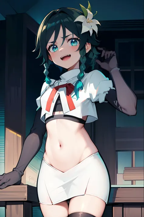 absurdres,venti,1boy, male focus, trap,black hair, green-blue hair, hair braid,hair flower,aqua green eyes,crossdressing,1boy,team rocket,team rocket uniform,white skirt,red letter R,crop top,black thigh-highs,black elbow gloves, laughing,happy, blush