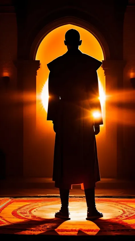 A Warrior sitting in front of the sun, his back to camera, orange robes