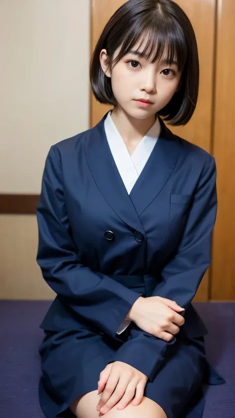 Best-quality, Masterpiece, Ultra-High-Resolution, (Photorealistic:1.4), Raw-Photo, front-view, from-above, 1girl, 15-years-old, the most famous Japanese idol,(sitting on Japanese-SEIZA, in Japanese-style room), leaning forward, looking at viewer, wearing o...