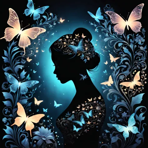 a silhouette of a woman’s profile surrounded by an intricate design consisting of various elements like butterflies, flowers, an...