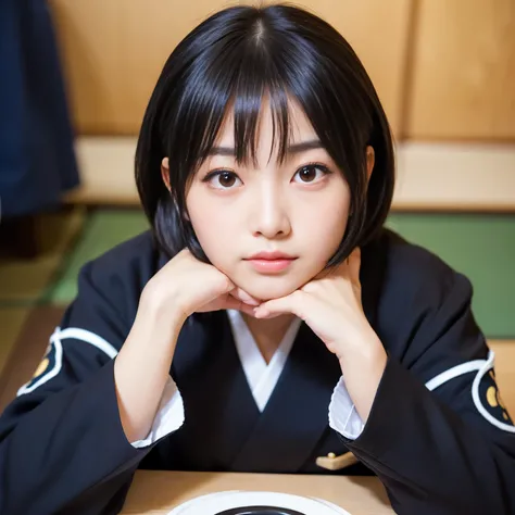 Best-quality, Masterpiece, Ultra-High-Resolution, (Photorealistic:1.4), Raw-Photo, front-view, 1girl, 15-years-old, the most famous Japanese idol,(sitting on Japanese-SEIZA, in Japanese-style room), leaning forward, looking at viewer, wearing only navy-blu...