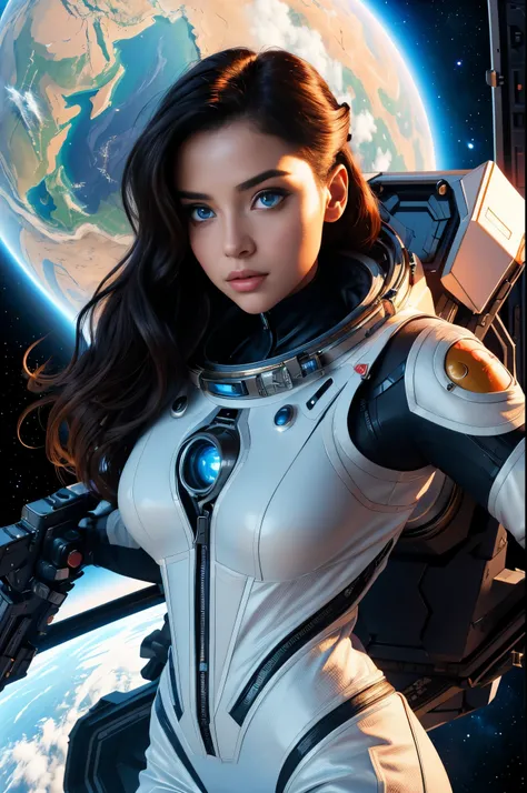 Stunning female in space suit, sci-fi, extremely beautiful piercing eyes, cinematic scene, hero view, action pose, scenery, detailed background, masterpiece, best quality, high quality, intricate, absurdres, very detailed, extremely high resolution, 8k, vi...