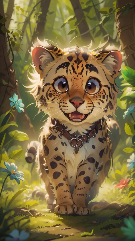 In the rainforest，cute leopard，In the sunny woods，play with partners，front view，It opens its mouth，close up, Pixar style, best quality, stills, very cute, big eyes,  Birds and flowers around,  Very happy，high details, high quality, masterpiece, ccurate, su...