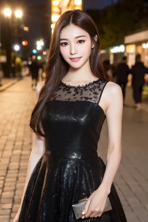 ((highest quality, 8K, masterpiece :1.3)), 1 girl, smile, whole body, slim face, Beautiful woman, (dark brown hair), full length dress :1.1, super detailed face, fine eyes, double eyelid,  blur background, slim face, city, outside, street,