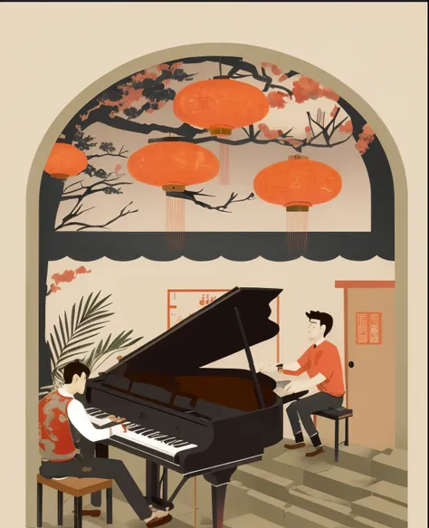 There is a man sitting in front of the piano in the room, Illustration poster, Dream China Town, Inspired by Song Xu, Lo-Fi illustration style, flat illustration, Inspired by Lin Tinggui, inspired by Huang Gongwang, Shenglin style art works, cover illustra...