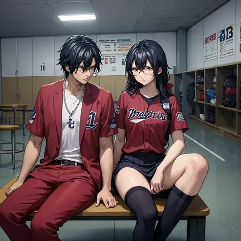 a man together with a woman(eye red) wearing a baseball uniform sitting on a bench in a sports locker room.
