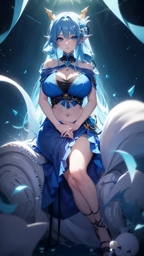 海long blue hair,close up,dream world,Mermaid Royal Sister, 海long blue hair,sitting on an royal throne,tear nevus,Mermaid ears,(pearl head chain,necklace),necklace,Long off-the-shoulder blue dress,humanoid, Poseidon temple background, her skin is white, fai...