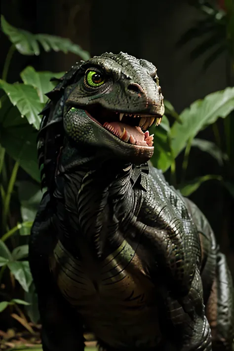 Toothless raptor dinosaur with green eyes