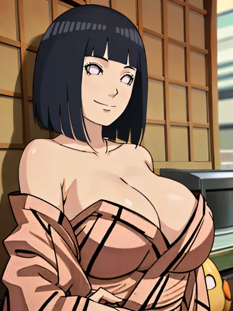 Chica de ojos grandes, ((kimono)), big breasts, (2d line:1.3), hinata  ((alone)) ((only)) ((neckline)) sexy smile