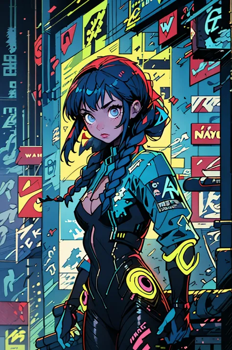 (best quality, masterpiece:1.3), 1girl, superhero, bodysuit, blue hair, long braid, ruined city, cyberpunk, neon, backlight