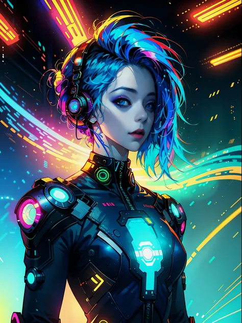 Digital painting of a woman with blue hair、Glitch Art、Behind Contest Winner、afro futurism、Synth Wave、neons、glowing neon