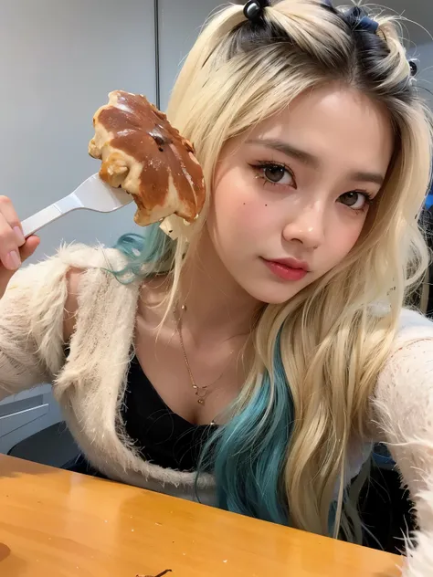 chica rubia con cabello azul sosteniendo un tenedor y un pastel, tzuyu de dos veces, jaeyeon nam, Lalisa Manobal, ulzzang, heonhwa choe, parque roseanne de blackpink, Jinyoung Shin, TaeJune Kim, korean idol, ❤🔥🍄🌪, BixBita, mukbang, cristal, ava max, kim do...