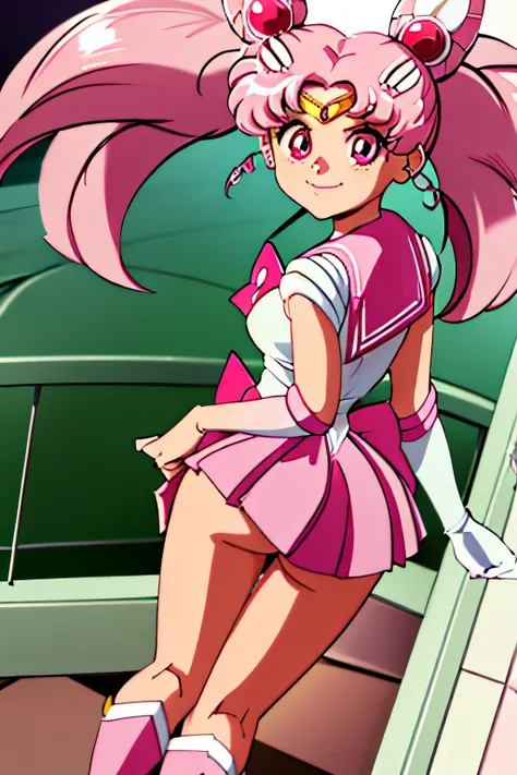 obra maestra, Mejor calidad, absurdos, perfect anatomy, 1 chica, Solo, SMMoon, 1990s (Estilo), Sailor Chibi Luna Cabello Rosa, pupilas rosadas ojos, subir las escaleras, de cerca, Sonrisa, tiro de vaquero, Uniforme Sailor Senshi Rosa, Collar marinero rosa,...