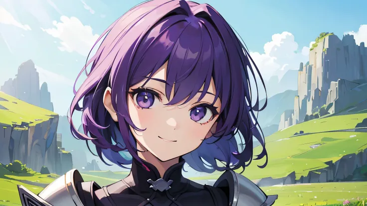 (T Masterpiece，4k wallpaper，best quality))、((girl１people))、(solo)、Brilliant，(purple hair)、(shortcut:1.3)、close up of face、smile、grassland、armor