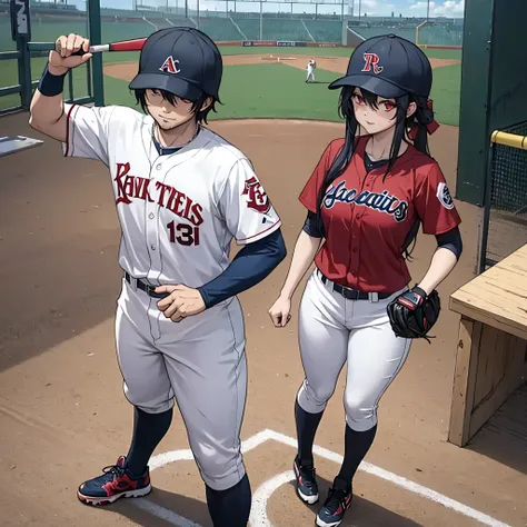 a man and a woman (red eyes) in baseball gear playing baseball together