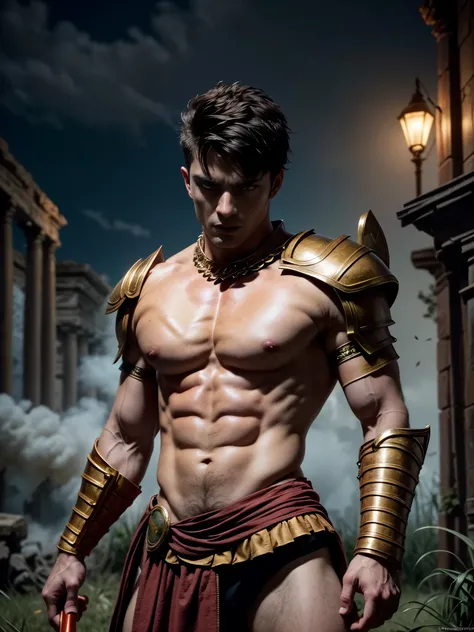 ((masterpiece)),((best quality)),8k, high detailed, ultra-detailed, Stylish Pose, real skin texture, dark cinematic lighting, full body shot, 35 mm lens, night, dark night, masculine, 26-year-old Italian male model, handsome Roman, he is the god of war, he...