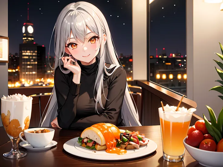 masterpiece, best quality, 1 girl, gray hair, orange eyes, (night:1.3), (diner), dinner table, smile