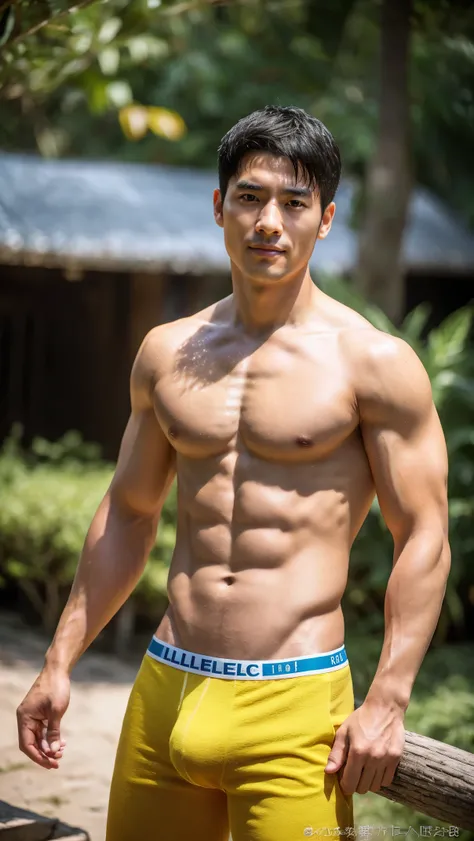 In the charming picture there is a handsome Chinese man 35 years old with his beam., His charm radiated as he proudly showed off his sixpack in a full standing pose.. He wore a yellow sexy briefs, that highlighted his figure, He stood in the middle of an o...