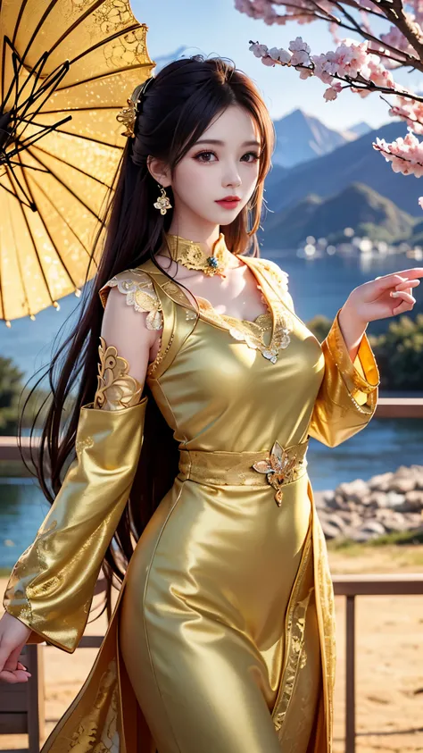 8K, ultra hd, masterpiece, 1 girl, very long hair, detailed eyes, glossy lips, ((golden clothes)), (translucent golden lace:1.5), skirt, (jewellery:1.5), ray tracing, ((mountain)), river, morning, cherry blossom leaf falling, 