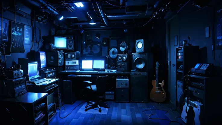 dark recording studio,electric guitars,speakers,computer,