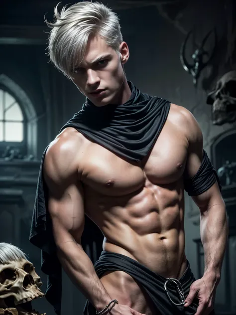 ((masterpiece)),((best quality)),8k, high detailed, ultra-detailed, Stylish Pose, real skin texture, dark cinematic lighting, 21 year-old Italian male model, handsome italian, cute looking, divine look, powerful light blue eyes, , (god Hades:1.3), god of t...