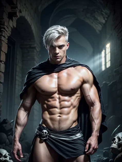 ((masterpiece)),((best quality)),8k, high detailed, ultra-detailed, Stylish Pose, real skin texture, dark cinematic lighting, 21 year-old Italian male model, handsome italian, cute looking, divine look, powerful light blue eyes, , (god Hades:1.3), god of t...