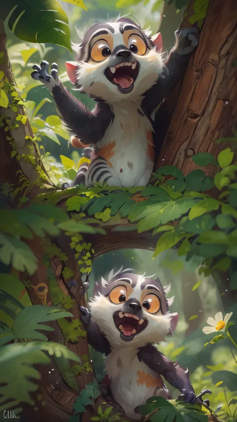 Front view of a cute lemur jumping out of a tree hole，It opens its mouth，close up, Pixar style, best quality, stills, very cute, big eyes,  Birds and flowers around,  Rainforest，Very happy，high details, high quality, masterpiece, ccurate, super detail，