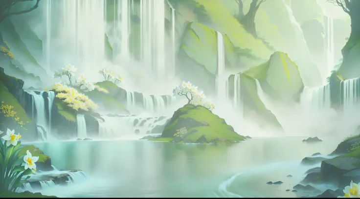 Surrounded by daffodils, white flowers, daffodils, waterfall background, river with waterfalls in the distance, Chinese romance, floating waterfalls, anime background art, waterfalls 2D game art background, waterfalls, forests and waterfalls, ambient paint...