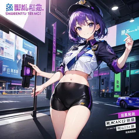 (T Masterpiece，4k wallpaper，best quality))、((girl１people))、(solo)、Brilliant，(purple hair)、(shortcut:1.3)、smile、police officer、police car