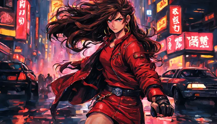 Estilo anime 2D, Mulher com cabelo castanho longo, olhos azuis, vestindo top vermelho, minissaia vermelha, cinto pendurado nos quadris, black leather jacket with sleeves rolled up to the elbows, martial arts training glove on hands, botas de couro vermelho...