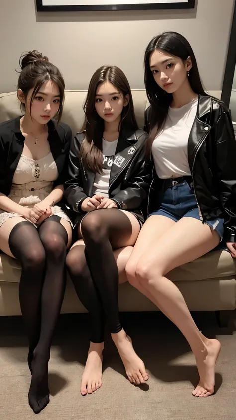 Supermodel、perfect details、Jacket、Three girls stare at the screen、　3 girls、、Thighhighs、beautiful feet、hot pants