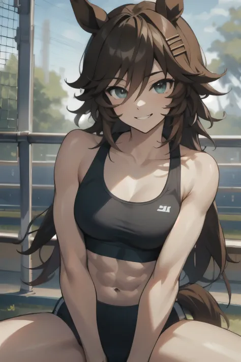 mr. c.b.(umamusume), ((ultra-detailed face)), masterpiece, best quality, symmetrical face, beautiful face, slender, sports bra, horse tail, smile, athletics track, muscle, abs, hand between legs