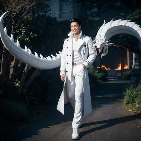 muscular man, alone, White trench coat, White trousers, white hair, black hair, Looks like Japanese, dragon horn, Violet military boots, smile, dark brown eyes, fantasy landscape, Walk through the dark flames.