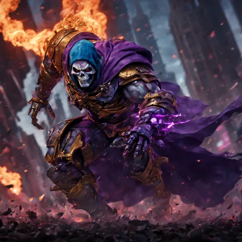 A highly detailed still frame of Skeletor in a cyberpunk future dystopia weilding his huge sword as the city behind him catches fire and there are plenty of skulls on the ground, 8K, very detailed, cinematic, movie, hollywood blockbuster