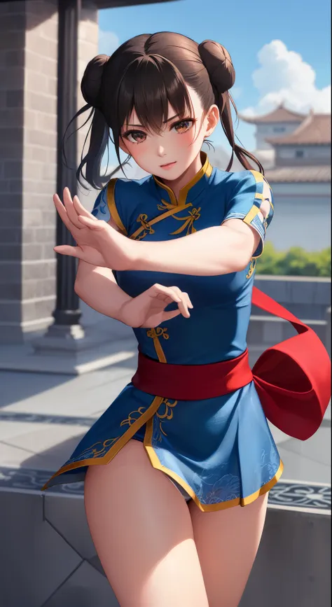 Paichang, Blue ribbon ponytail, brown eyes, double bun,bright hair,Kungfu pose standing, alone , ,  combat readiness, 
Paiati,White Mini Cheongsam, band, mini skirt、white panties、, sleeve less,
marble floor, blue sky, cloudy, evening,
(Extremely detailed, ...