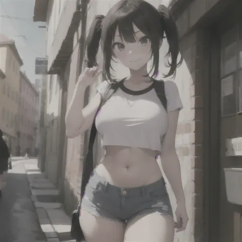 masterpiece, best quality, 1 girl, estilo anime ,、oppai proportion, 1girl, brown hair, white crop top, blue denim mini shorts, thick thighs, sweaty body, cowboy shot, in strert, hot summer weather, sharp focus, ultra HD, 8k, High res, more_details:-1, more...