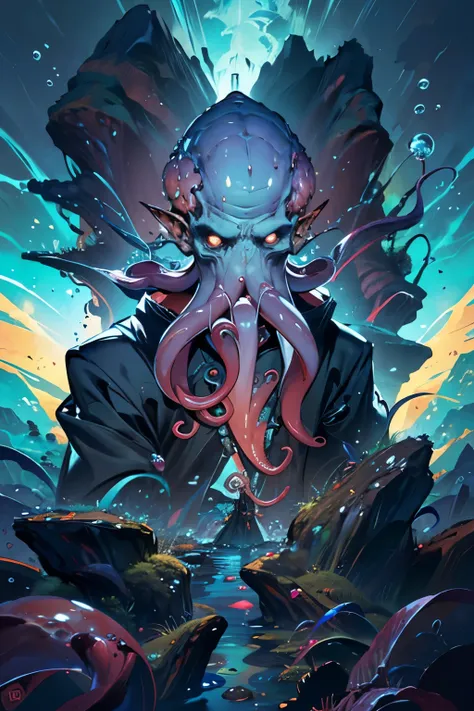 Cthulhu,monstro,(tentacles:1.35)，A polluted underwater world，Imagem sombria，(Nuclear contamination:1.35)，（face:1.35）,（sarcoma：1.35) arte como Davy Jones de pirata do caribe, visual immersion, cthullu.