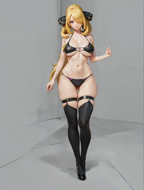 ((4k,obra maestra,mejor calidad)), una waifu cynthia, pokemon, de pie, bikini negro