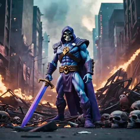 A highly detailed still frame of Skeletor in a cyberpunk future dystopia weilding his huge sword as the city behind him catches fire and there are plenty of skulls on the ground, 8K, very detailed, cinematic, movie, hollywood blockbuster, texture, film gra...