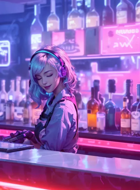 A woman with white hair, a bartender, holding a wine glass in her hand, (((eyes closed and smiling))), white apron, white shirt, the bartender is standing at the bar, cyber attire, black apron, beautiful face, mixing drinks, A cyber bar, bar counter, color...