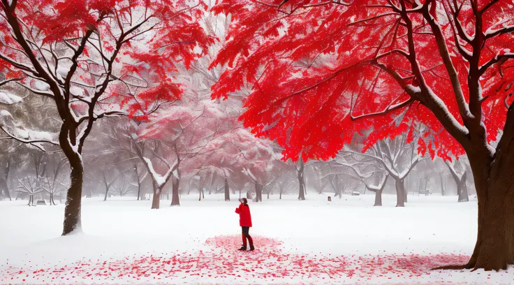 trees with red leaves on them in a snowy park, with snow covered colourful red, red leaves on the ground, red and white colors, magical leafs falling, autumn season, red trees, beautiful wallpaper, red and white color theme, glimpse of red, snow fall, dust...