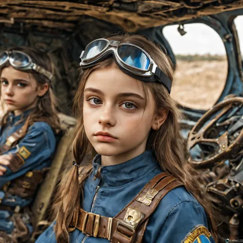 3 girls, 11 years old perfect likeness of dasha teran sdxl wearing blue and gold vaultgirl. goggles on one girl, clothing torn, ...