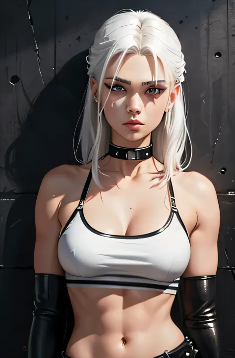 beautiful girl, military, white hair, bloody eyes, choker, cropped top, muscular abdomen, navel, black leather pants, spiked long gloves, wall,