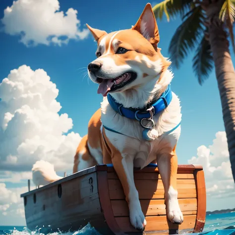 perro feliz, en un barco de madera de color azul y naranja, mastica una pelota de playa., cielo limpio, nubes alta calidad
