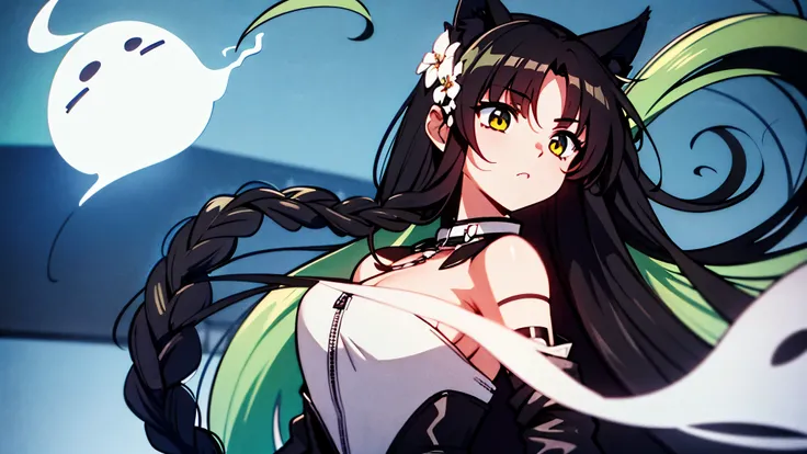 Girl has long green wavy hair, single braid, ghost white skin, black cat ear headband, black flower in hair, black leather jacket and green shirt